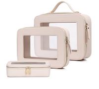 Pinkmik Transparente Make-up-Tasche mit Pinseltasche, 3 Stück, wasserdicht, Reiseetui für Kosmetika und Toilettenartikel, Make-up-Organizer für Damen, mit Reißverschluss, Beige, L+M+SLIM