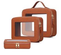 Pinkmik Transparente Make-up-Tasche mit Pinseltasche, 3 Stück, wasserdicht, Reiseetui für Kosmetika und Toilettenartikel, Make-up-Organizer für Damen, mit Reißverschluss, X/Braun, L+M+SLIM