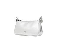 Pinko Half Moon Mini Tasche aus silbernem laminiertem Leder, 24 x 12 x 6 cm, mit Strassgriff und Kettengurt
