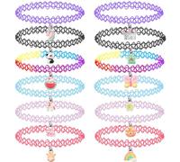 PinkSheep 12PCS Choker Halskette Set für Kinder Teens Mädchen Frauen, Anhänger Charm Einhorn Regenbogen Katze Herz Blume Chokers Henna Tattoo Stretch elastisch schwarz rosa grün blau rot