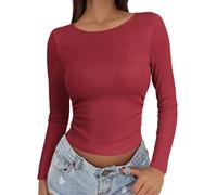 PINSPARK Sportshirt Damen Langarmshirt Crop Top Funktions Shirt Rundhlas Unterhemd Yoga Thermo Oberteil Slim Fit Basic Tops Rot M