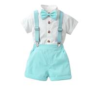 PINTUTU Baby Jungen Gentleman Anzüge, Kinder Kurzarm Hemd + Hosenträger + Fliege + Shorts 4tlg Bekleidungssets Festliche Taufe Hochzeit Gentleman Shorts Set