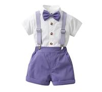 PINTUTU Baby Jungen Gentleman Anzüge, Kinder Kurzarm Hemd + Hosenträger + Fliege + Shorts 4tlg Bekleidungssets Festliche Taufe Hochzeit Gentleman Shorts Set