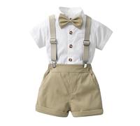 PINTUTU Baby Jungen Gentleman Anzüge, Kinder Kurzarm Hemd + Hosenträger + Fliege + Shorts 4tlg Bekleidungssets Festliche Taufe Hochzeit Gentleman Shorts Set