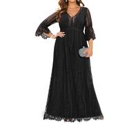 Pinup Fashion Damen Plus Size Boho Maxi Floral Lace Bohemian Brautkleid V Ausschnitt Flowy Lange Partykleider, Schwarz, 50 Plus