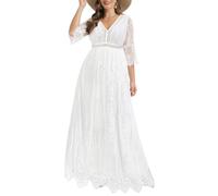 Pinup Fashion Damen Plus Size Boho Maxi Floral Spitze Bohemian Brautkleid V Ausschnitt Flowy Lange Party Kleider, Weiss/opulenter Garten, 50 Mehr