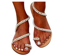 pitashe_Bekleidung Sandalen Damen mit Absatz Retro Sommer Rom Farbe Glitzer Strass Kreuzgurt Flache Frauen Strandsandalen Pantoletten Römersandalen Sandaletten, Weiß, 39（38 EU）