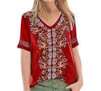 Pitashe Damen Tops Elegant Retro V-Ausschnitt Kurzarm Nähen Drucken Damen Sommer T-Shirts Crop Top Weste Tank Top Mode Party Oberteile Blusen Camisole Hemd Bekleidung Vest Bauchfrei Tunika Shirts Tops