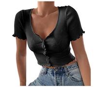 Pitashe Damen Tops Sommer Damen Kurzarm Bluse Lose Spitze Patchwork Cut Out Tops T-Shirt Tunika Einfarbig Neckholder Oberteile Perspektive Top Hemd Streetwear Hemd Streetwear Tee Shirt