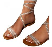 Pitashe Sandalen Damen mit Absatz Retro Damen Sommer Rom Farbe Glitzer Strass Kreuzgurt Flache Frauen Strandsandalen Pantoletten Römersandalen Sandaletten Flip Flops Hausschuhe Slipper Sommerschuhe