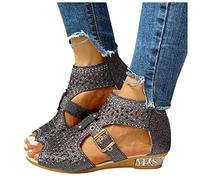 Pitashe Sandalen Damen mit Absatz Retro Damen Sommer Rom Farbe Glitzer Strass Kreuzgurt Flache Frauen Strandsandalen Pantoletten Römersandalen Sandaletten Flip Flops Hausschuhe Slipper Sommerschuhe