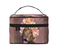 Pitbull mit rosa Blumen, Make-up-Tasche, Kosmetiktasche, tragbare Reise-Kulturtasche, Federmäppchen