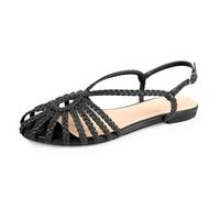 PIZZ ANNU Damen Sophia Geflochtene Flache Sandalen Bequeme Memory Foam Walkingschuhe Sommer Gladiator Slingback Knöchelriemen Riemchensandalen, Schwarz, 8.5