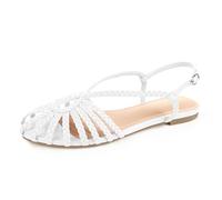 PIZZ ANNU Damen Sophia Geflochtene Flache Sandalen Bequeme Memory Foam Walkingschuhe Sommer Gladiator Slingback Knöchelriemen Riemchensandalen, Weiss/opulenter Garten, 6.5
