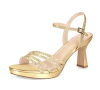 PIZZ ANNU Lena Plateau Sandalen Damen Sommer Elegant Bequem mit Flare Absatz Knöchelriemen High Heels Sandaletten Glitzer Diamant Brautschuhe für Hochzeit und Party Gold EU 37