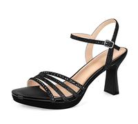 PIZZ ANNU Lena Plateau Sandalen Damen Sommer Elegant Bequem mit Flare Absatz Knöchelriemen High Heels Sandaletten Glitzer Diamant Brautschuhe für Hochzeit und Party Schwarz EU 42