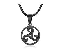 PJ JEWELLERY Edelstahl Triple Spiral Triskele Triskelion keltisches Symbol Anhänger Halskette mit Kordel für Männer Frauen, schwarz