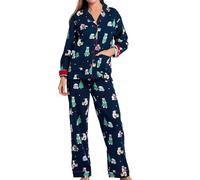 PJ Salvage Damen-Pyjamahose, Baumwollflanell, langärmelig, Knopfleiste und Pyjamahose, 3-teiliges Set, Marineblau, S