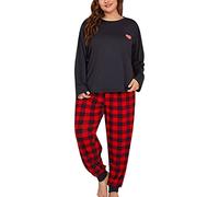 Pjama Set Für Damen Damen Plus Size Grid Print Loungewear Lange Hosen Zweiteiliges Set Pyjama Baumwolle Damen Partner Pyjama Hosen (Black, XXXL)