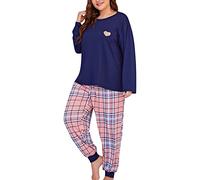 Pjama Set Für Damen Damen Plus Size Grid Print Loungewear Lange Hosen Zweiteiliges Set Pyjama Baumwolle Damen Partner Pyjama Hosen (Navy, XXXL)