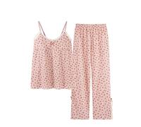 Pjama Set Für Damen, Kurzer Pyjama Für Damen, Sexy, Atmungsaktiv, Zweiteilig, Niedlich, Rosa, Geblümt, Pyjama-Set, Spitze, Cami-Oberteil, Pyjamahose, Loungewear, Sommerkleidung Für Damen, Teenag