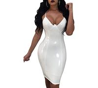 Pkfinrd Damen Spaghettiträger, schmales Push-Up-Kleid aus Kunstleder, PVC, V-Ausschnitt, Vinyl, figurbetont, Party-/Cocktailkleid, Club-Kleid (Farbe: Weiß, Größe: S)