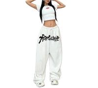 PKIMKM Hip Hop Jazz Dance High Waist Loose Straight Hose Wide Leg Drawstring, weiß, S