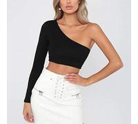 PKYGXZ Oberteile Damen One Shoulder Slope Neckline T-Shirt Sexy Solid Langarm Damen T-Shirt Weiß Schwarz Crop Top Damen T-Shirt Sexy Slim