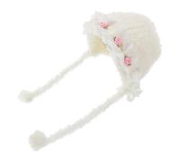 PLAFOPE Baby Mädchen Mütze Taufe Mütze Gestrickte Kleinkinder Prinzessin Blumen Plüsch Warme Für Kleinkinder Mädchen Weiß