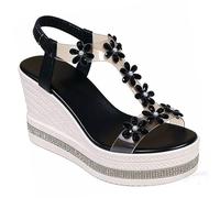 Plateau-Sandalen mit Blumenmuster für Damen, UK 2026, Strasssteine, Keilsandalen, glitzernd, elegant, Sommer, offener Zehenbereich, hoher Absatz, elastischer Knöchelriemen, bequem, lässig, zum