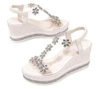 Plateau-Sandalen mit Blumenmuster für Damen, UK 2026, Strasssteine, Keilsandalen, glitzernd, elegant, Sommer, offener Zehenbereich, hoher Absatz, elastischer Knöchelriemen, bequem, lässig, zum