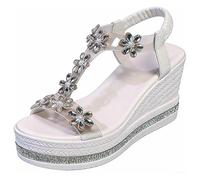 Plateau-Sandalen mit Blumenmuster für Damen, UK 2026, Strasssteine, Keilsandalen, glitzernd, elegant, Sommer, offener Zehenbereich, hoher Absatz, elastischer Knöchelriemen, bequem, lässig, zum