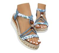 Plateau Schuhe Damen Sommer, Plateau Sandalen Damen Sommer - Keilsandalen Orthopädische Boho Sandaletten T-Riemen Glitzer Strandschuhe Weiche Sohlen Riemchensandalen Blau 37