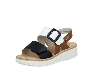 Plateausandale RIEKER, Damen, Gr. 39, schwarz (schwarz, weiß, braun), Lederimitat, mehrfarbig, Schuhe, Sommerschuh, Sandalette, Keilabsatz, in bequemer Form (69237539-39) schwarz, weiß, braun