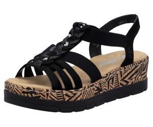 Plateausandaletten RIEKER, Damen, Gr. 40, schwarz, Lacklederimitat, Velourslederimitat, unifarben, Schuhe, Sommerschuh, Urlaubschuh, Sandalette mit dekorativem Schmuckelement (63759860-40) schwarz