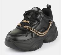 Plateausneaker BUFFALO "Bliss Chain", Damen, Gr. 39, schwarz, goldfarben, Lederimitat, Schuhe Plateausneaker, Halbschuh, Schnürschuh, Chunky Sneaker mit Zierkette (33646417-39) schwarz, goldfarben