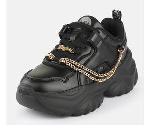 Plateausneaker BUFFALO "Bliss Chain", Damen, Gr. 39, schwarz, goldfarben, Lederimitat, Schuhe Plateausneaker, Halbschuh, Schnürschuh, Chunky Sneaker mit Zierkette (33646417-39) schwarz, goldfarben