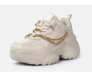 Plateausneaker BUFFALO "Bliss Chain", Damen, Gr. 40, beige (beige, goldfarben), Lederimitat, Schuhe Plateausneaker, Halbschuh, Schnürschuh, Chunky Sneaker mit Zierkette (42893767-40) beige, goldfarben