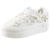 Plateausneaker BUFFALO, Damen, Gr. 40, weiß, creme, Lederimitat, Glitzer, bestickt, Schuhe Plateausneaker, Freizeitschuh, Halbschuh, Schnürschuh mit Schmetterlings-Verzierung (51106869-40) weiß, creme