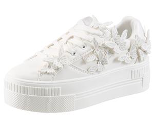 Plateausneaker BUFFALO, Damen, Gr. 40, weiß, creme, Lederimitat, Glitzer, bestickt, Schuhe Plateausneaker, Freizeitschuh, Halbschuh, Schnürschuh mit Schmetterlings-Verzierung (51106869-40) weiß, creme