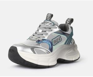 Plateausneaker BUFFALO "RIDR ONE", Damen, Gr. 40, grau, silberfarben, grün, Lederimitat, Synthetik, Textil, kontrastfarbene Details, Schuhe Plateausneaker, Halbschuh, Schnürschuh, Chunky-Sneaker mit t