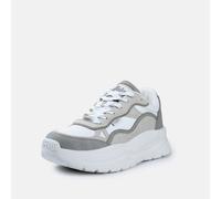 Plateausneaker BUFFALO "SPRINT", Damen, Gr. 40, grau, creme, Lederimitat, Nubuklederimitat, Basic, Schuhe Plateausneaker, Schnürschuh, Halbschuh, Freizeitsneaker mit Plateausohle (46086648-40) grau, c
