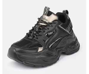 Plateausneaker BUFFALO "Yuno one", Damen, Gr. 37, schwarz (schwarz, graumetallic), Lederimitat, Textil, metallic, Schuhe Plateausneaker, Halbschuh, Schnürschuh, Retro-Sneaker mit Memory Foam Innensohl