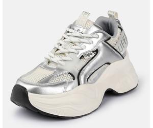 Plateausneaker BUFFALO "Yuno one", Damen, Gr. 40, silber (weiß, schwarz, silberfarben), Lederimitat, Textil, metallic, Schuhe Plateausneaker, Halbschuh, Schnürschuh, Retro-Sneaker mit Memory Foam Inne