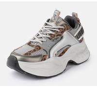 Plateausneaker BUFFALO "Yuno one", Damen, Gr. 40, weiß, silberfarben, leo, Lederimitat, Textil, animal-print, metallic, Schuhe Plateausneaker, Halbschuh, Schnürschuh, Retro-Sneaker mit Memory Foam Inn