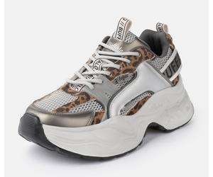 Plateausneaker BUFFALO "Yuno one", Damen, Gr. 41, weiß, silberfarben, leo, Lederimitat, Textil, metallic, Schuhe Plateausneaker, Halbschuh, Schnürschuh, Retro-Sneaker mit Memory Foam Innensohle (62642