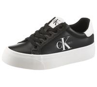 Plateausneaker CALVIN KLEIN "VULC FLATFORM LACEUP LOW LTH", Damen, Gr. 37, schwarz-weiß (schwarz, weiß), Leder, Lederimitat, unifarben mit Farbeinsatz, Basic, Schuhe Plateausneaker, Schnürschuh, Halbs