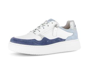 Plateausneaker GABOR "COMO", Damen, Gr. 39, weiß, blau, silber, Glattleder, Veloursleder, Schuhe Plateausneaker, Freizeitschuh, Halbschuh, Schnürschuh in Komfortweite K (=extraweit) (77259833-39) weiß