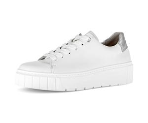 Plateausneaker GABOR "DAVOS", Damen, Gr. 38, weiß, silberfarben, Glattleder, Schuhe Plateausneaker, Freizeitschuh, Halbschuh, Schnürschuh mit Kontrastbsatz, H-Weite (64256463-38) weiß, silberfarben