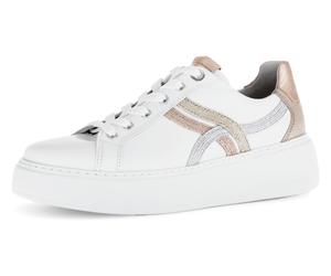 Plateausneaker GABOR "FLORENZ", Damen, Gr. 44, weiß (weiß, goldfarben, silberfarben), Nappaleder, Textil, unifarben mit Farbeinsätzen, Schuhe Plateausneaker, Freizeitschuh, Halbschuh, Schnürer, Kontra